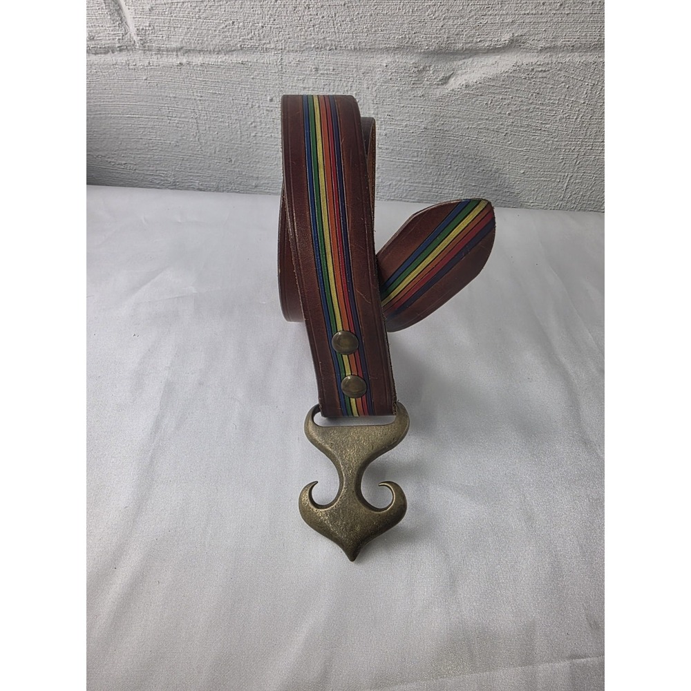 DUNCAN LAURIE Vintage Solid Brass Arrow BELT BUCKLE And Leather Belt 1971 Rainbo